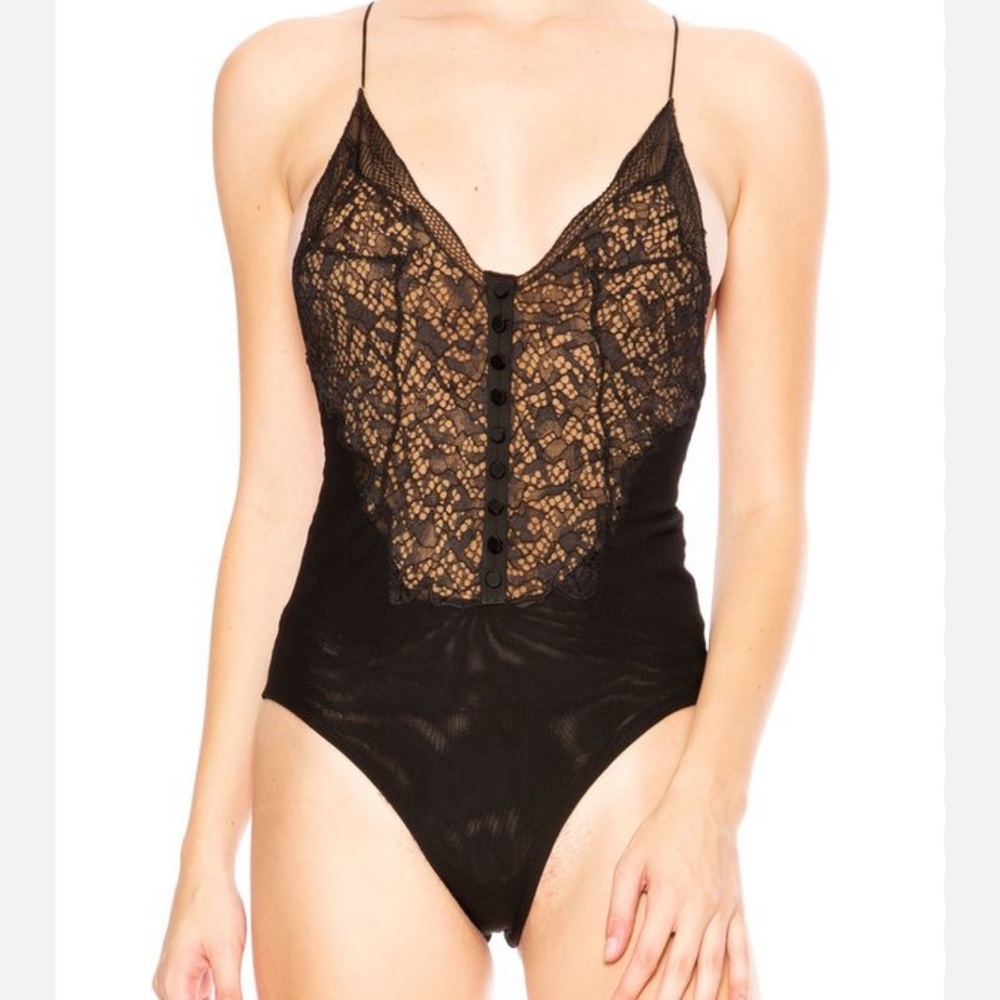Jonathan Simkhai Deep V-Neck Lace Bodysuit Top